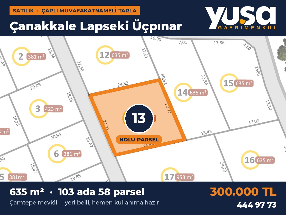 Çanakkale Lapseki Üçpınar'da 635 m² Çaplı Muvafakatnameli Tarla