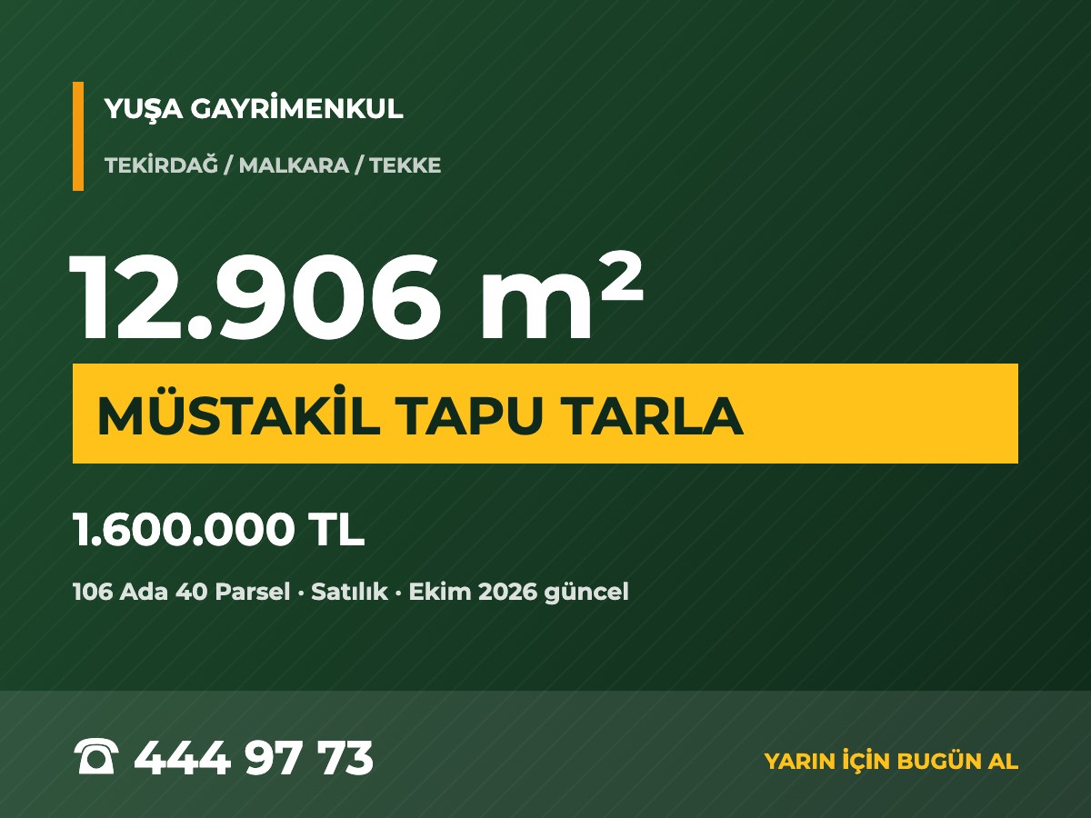Malkara Tekkeköy'de 12.906 m² Müstakil Tapulu Tarla