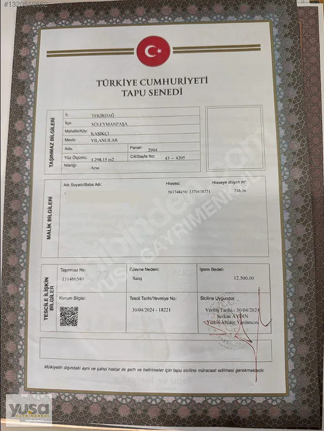 Yuşa'dan Kaşıkçı'da İmarlı 216m2